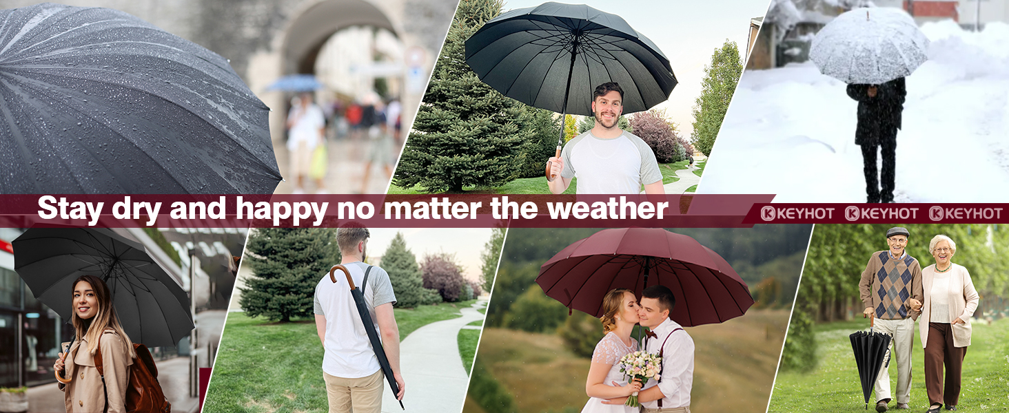 KEYHOT Windproof Umbrella - Large Stick Umbrella with Wooden Handle for Men & Women - 12 Ribs, XL - Burgundy, 118cm