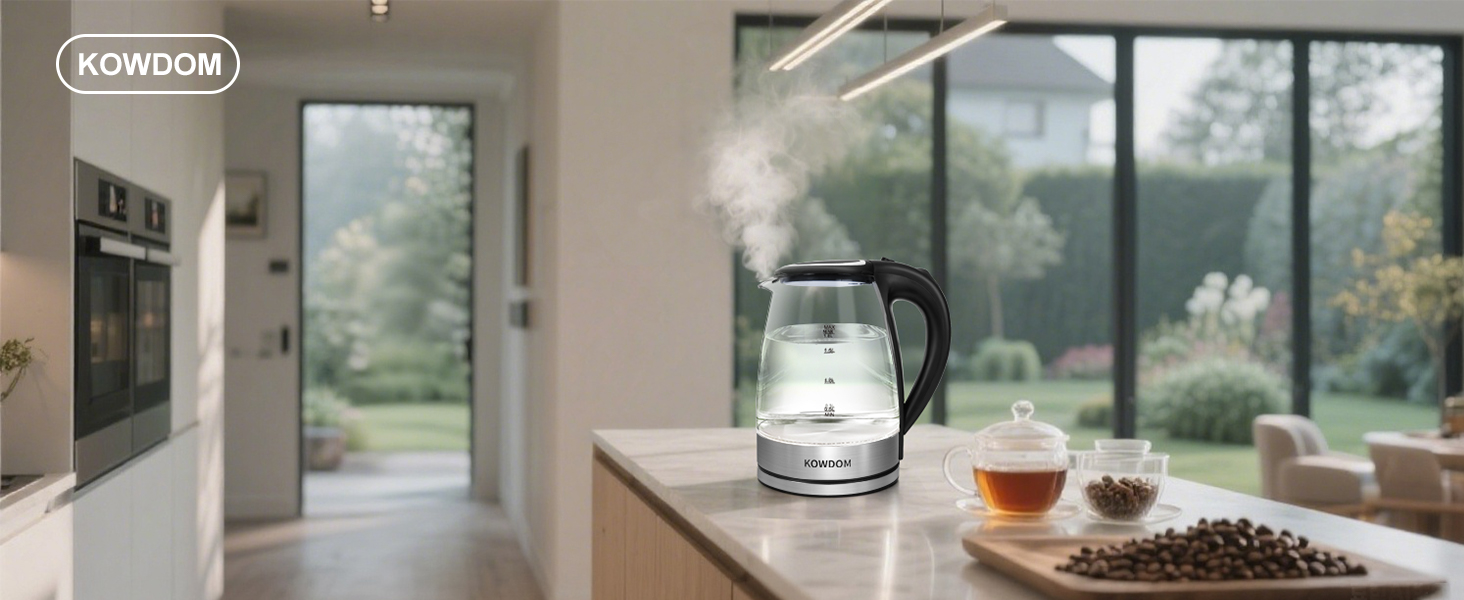 Електричний чайник Kowdom 1.8L з боросилікатного скла, BPA-free, 2200W, швидкий нагрів, автовимкнення та захист від сухого кипіння, чорний