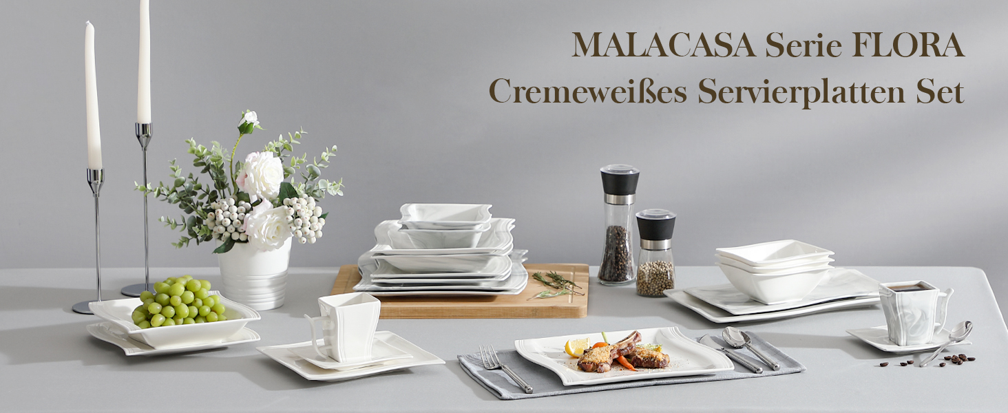 MALACASA Набір тарілок Serie Flora, 2 шт., кремово-білий порцелан, 33.7x28 см та 27.9x20.3 см