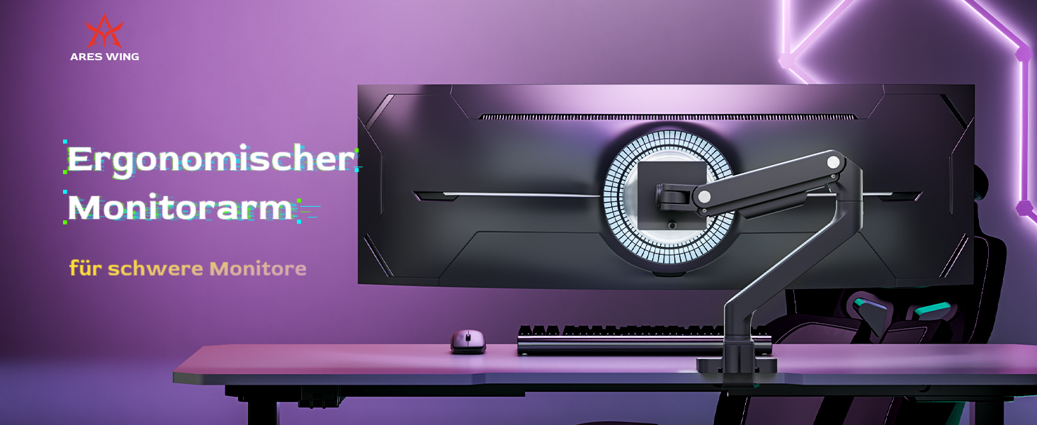 Кріплення для монітора ARES WING: регульована підставка для моніторів 17-49 дюймів, газліфт, VESA 75/100 мм, чорний (без USB)