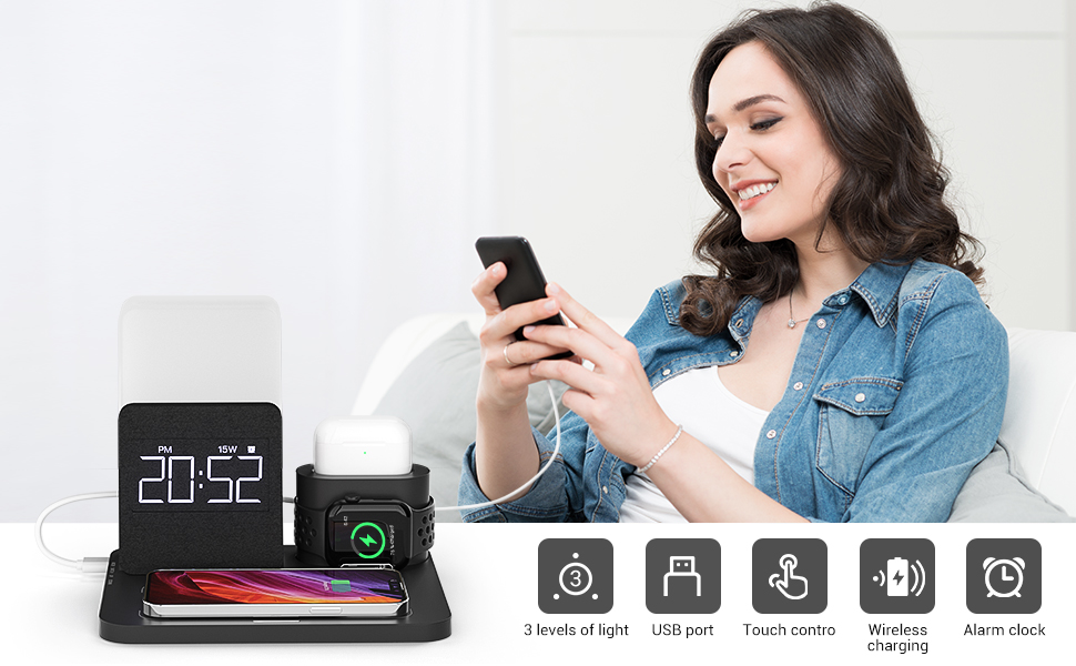 Бездротовий зарядний пристрій COLSUR 3 в 1: зарядка, нічник, будильник. Підходить для iPhone 16/15/14/13/12/11/X/8 Pro Max/Mini/Plus (Чорний)