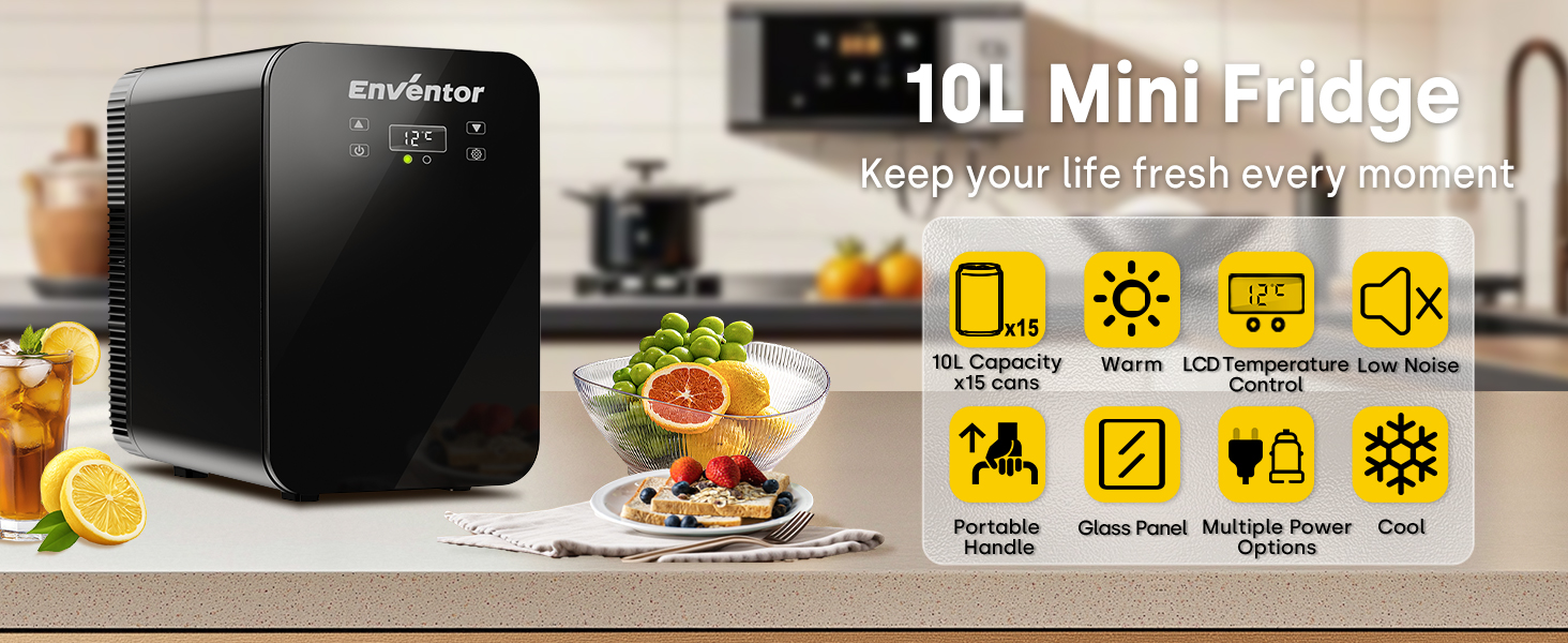Mini холодильник Enventor 10L: портативний, з подвійним охолодженням, 12V/220V, для авто, кімнати, офісу (чорний)