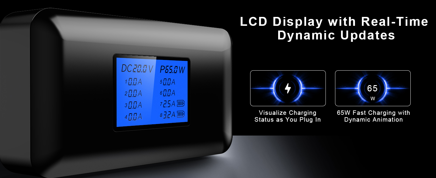 Зарядний пристрій RENGOGA 200W USB-C GaN 8 портів з LED дисплеєм для MacBook, iPad, iPhone, Samsung Galaxy - чорний