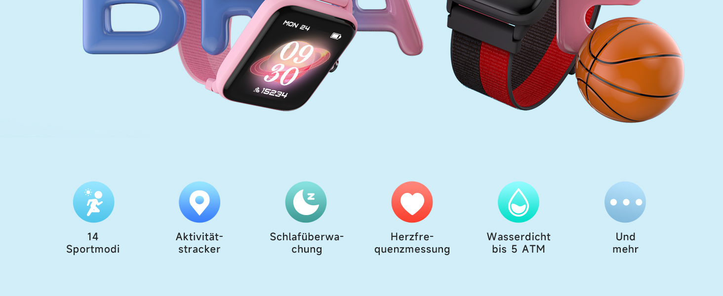 Смарт-годинник BIGGERFIVE для дітей, фітнес-трекер з пульсометром, крокоміром, моніторингом сну, водонепроникний (5ATM), будильник, 1.5' HD-сенсорний екран, для дівчаток та хлопчиків 3-14 років, ремінець нейлон, чорний/червоний