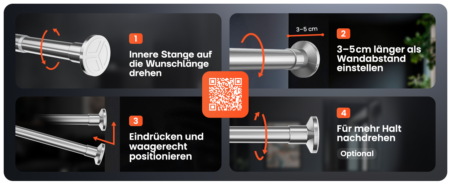 Штанга для душу без свердління 160-210 см, срібна, Ø 25 мм, телескопічна, з кріпленнями - для ванної, душової кабіни та перегородки (90-160 см, нержавіюча сталь)