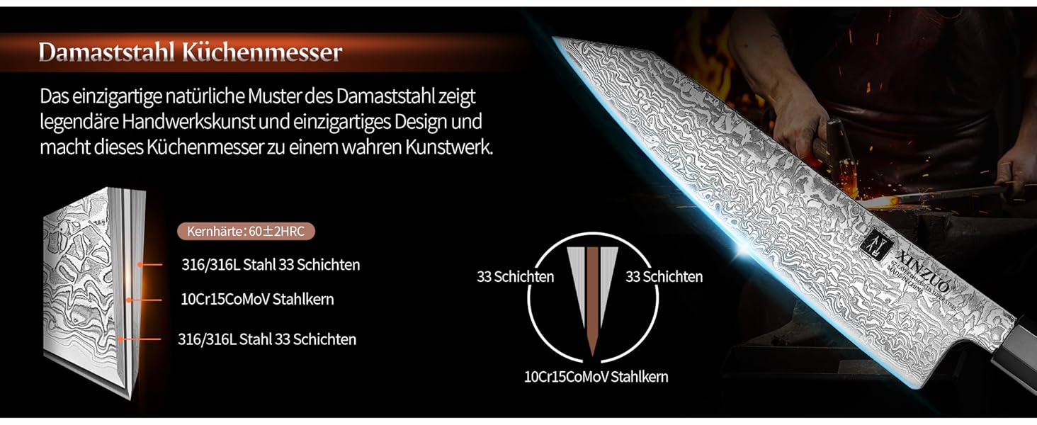 Японський ніж Kiritsuke XINZUO з дамаської сталі, 21.5 см, Gyuto, ручка з оливкового дерева та чорного рогу буйвола, ручна робота, з піхвою