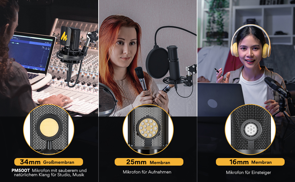 MAONO PM500T XLR Конденсаторний мікрофон з діафрагмою 34 мм, корпус із цинкового сплаву преміум-класу, студійний мікрофон для запису, подкастингу та стрімінгу