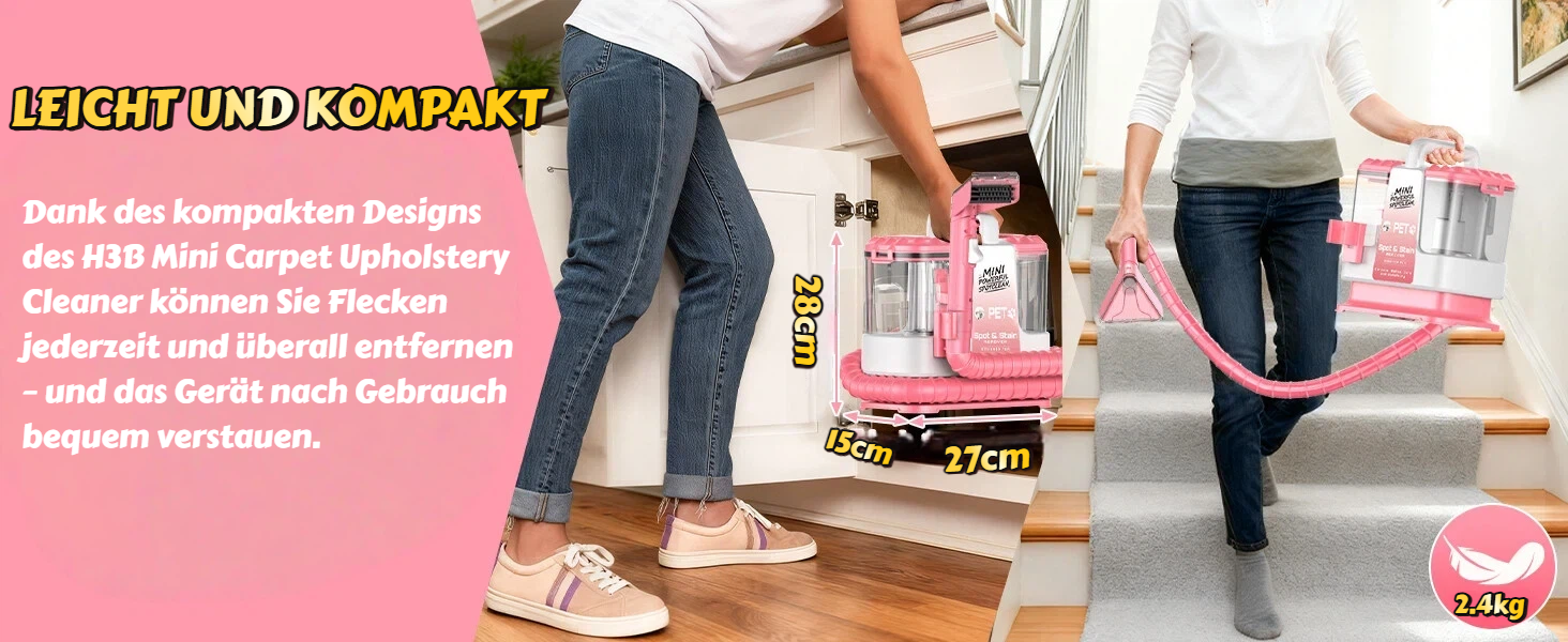 Портативний мийник для м'яких меблів 600W, 16Kpa, з розчином 500мл та 5 насадками. Для диванів, килимів, авто та сходин. Легкий та компактний, рожевий колір