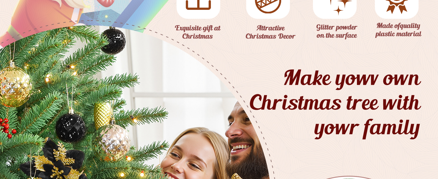 Набір прикрас для ялинки Alupssuc 128 шт. - ялинкові кулі, квіти, орнаменти, червоно-золотий, для свят, вечірок, з гачками