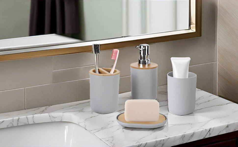 Набір аксесуарів для ванної кімнати на 4 предмети: тримач для зубних щіток, мильниця, дозатор для лосьйону, стакан для ополіскувача, сучасне оздоблення для дому та готелю (сірий)