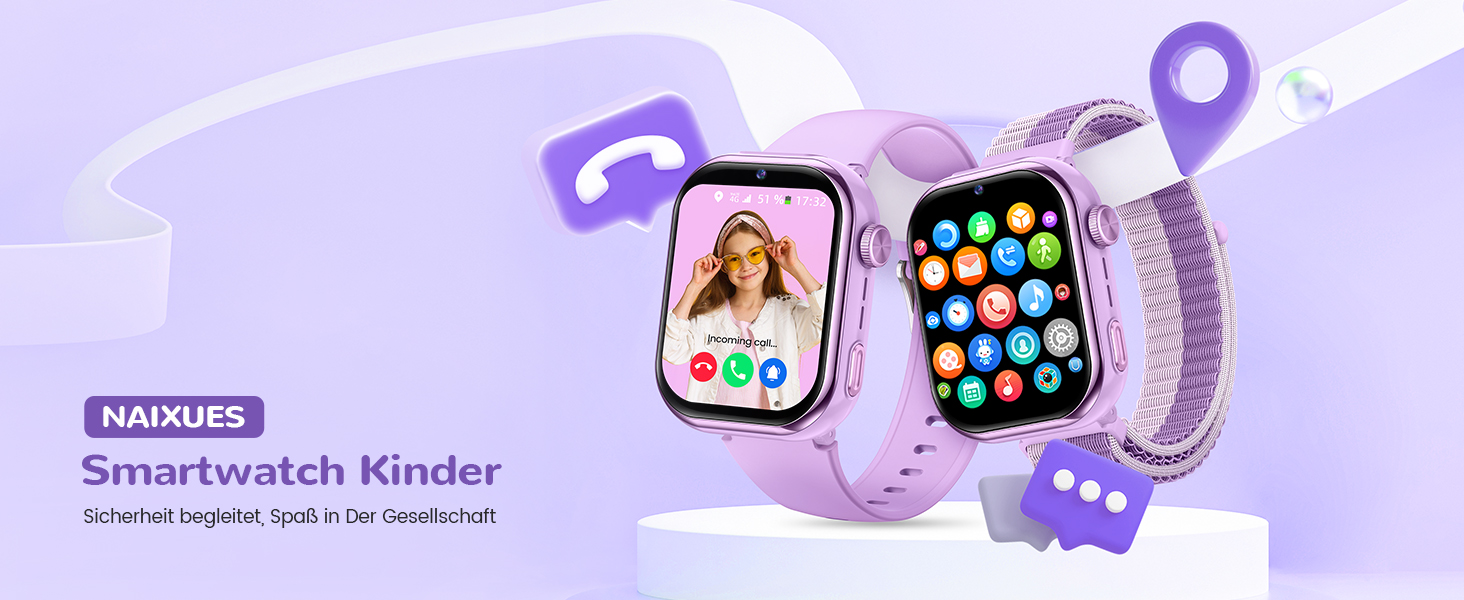 Дитячий розумний годинник зі GPS та телефоном, IP68, відеодзвінки, SOS, режим навчання, чат, SMS, ліхтарик, крокомір, будильник, годинник для дівчаток та хлопчиків, фіолетовий