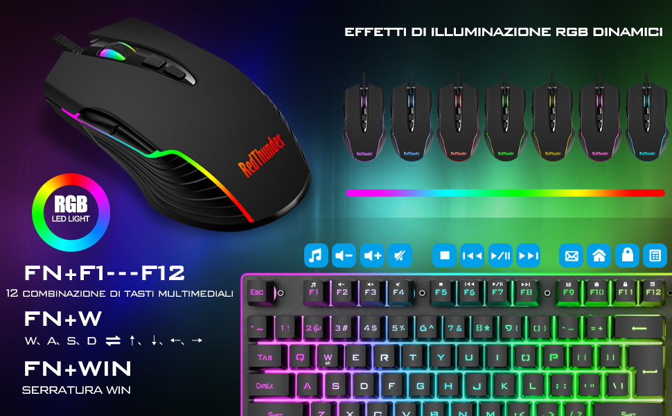 RedThunder K10 Бездротова ігрова клавіатура та миша з підсвічуванням LED, акумулятор 3800 mAh, механічне відчуття, Anti-Ghosting, миша 7D 3200 DPI, QWERTY-розкладка, для PC геймерів (Чорний)