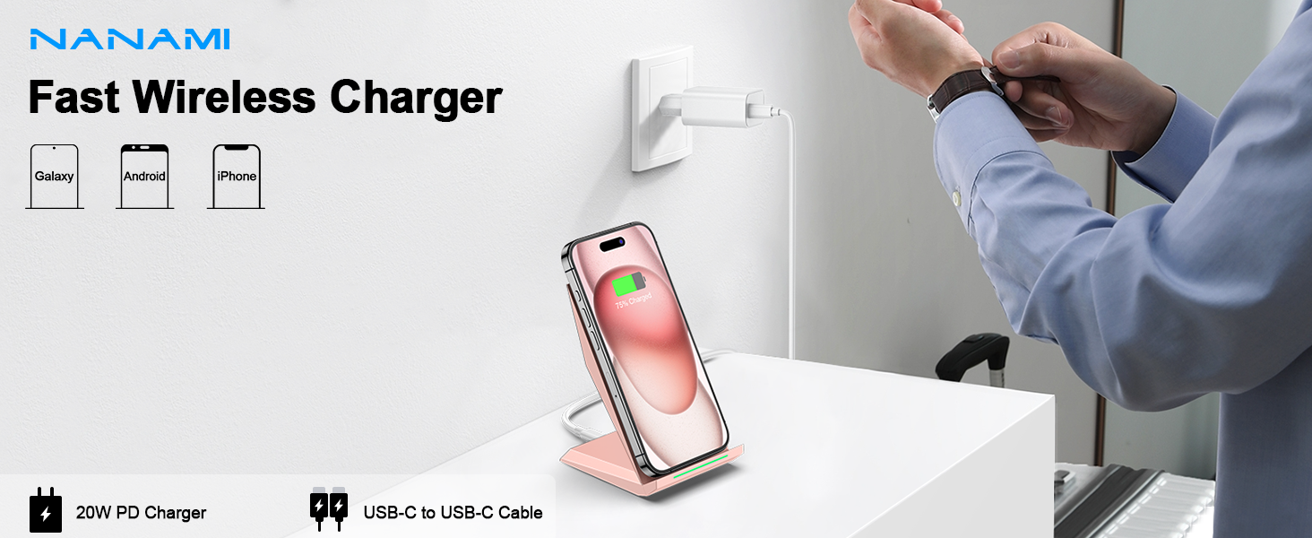 Бездротовий зарядний пристрій NANAMI Qi з адаптером USB-C 20W PD, сумісний з iPhone 17/16/15/14/13/12 Pro Max XR 8 та Samsung Galaxy S25/S24/S23/S22 (рожевий)