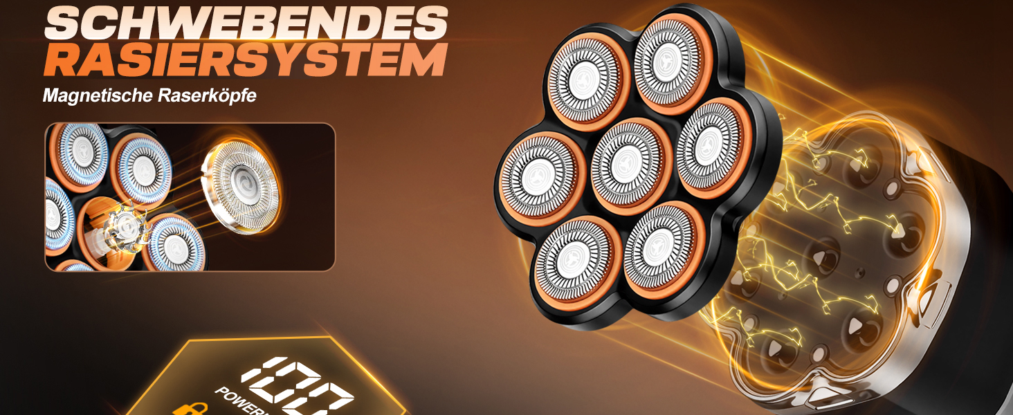 Електрична бритва для голови Glatzenrasierer Herren 7D з LED дисплеєм, водонепроникна (IPX5), чорна