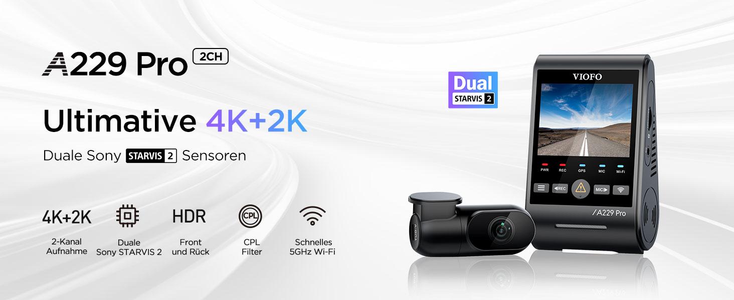 VIOFO A229 Pro 4K + 2K Dual STARVIS відеореєстратор для авто, HDR, GPS, Wi-Fi, голосове керування, нічне бачення 2.0, підтримка до 512GB