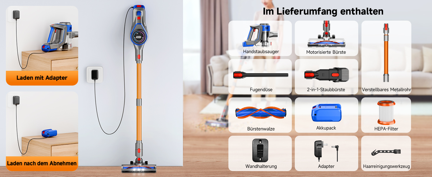 Бездротовий акумуляторний пилосос 45000 Па / 45 хв - 1,6 л з LED-дисплеєм, антизаплутувальною насадкою, тихий (<60 дБ), HEPA-фільтр, для видалення шерсті тварин, килимів, твердих поверхонь, авто, блакитний