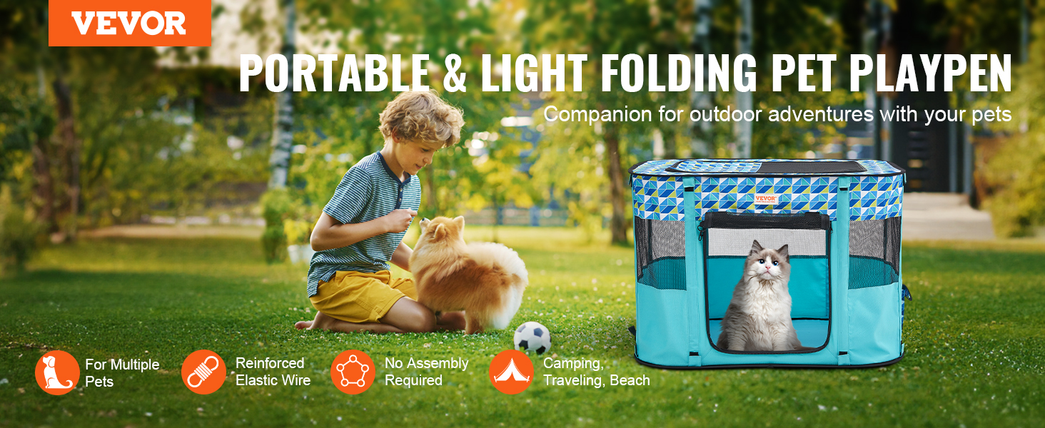 Клітка для цуценят VEVOR, розкладний вольєр для собак, 914 x 914 x 584 мм, з мискою, 600D Oxford, для малих та середніх тварин (Блакитна)