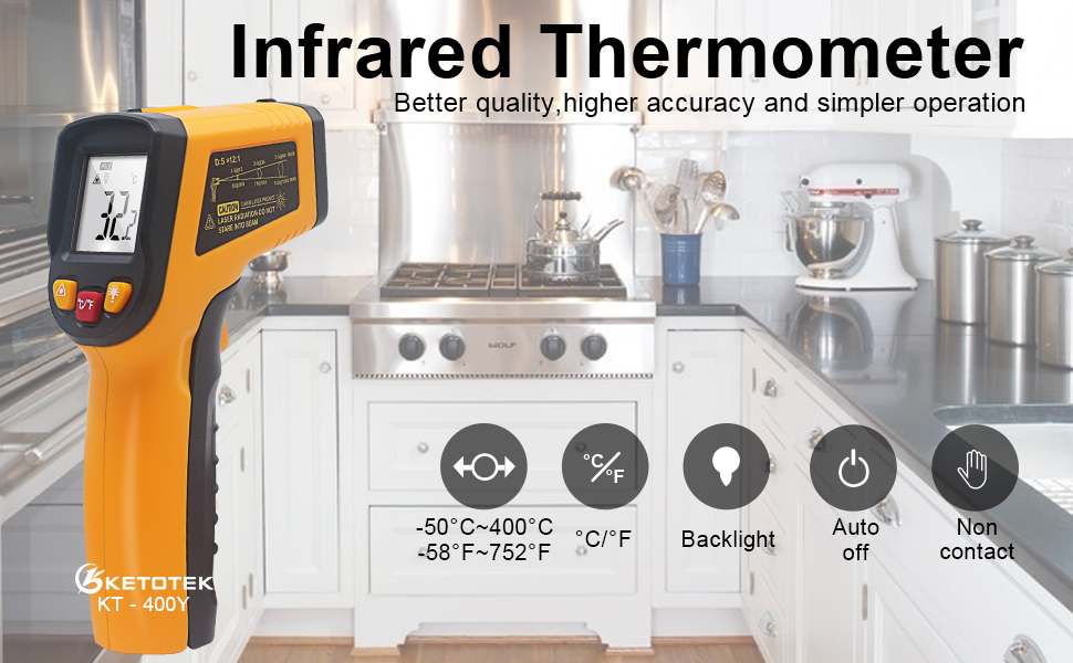 Інфрачервоний термометр KETOTEK KT400Y: безконтактне вимірювання температури -50°C до 400°C, для кухні, барбекю, холодильника, промисловості, продуктів харчування