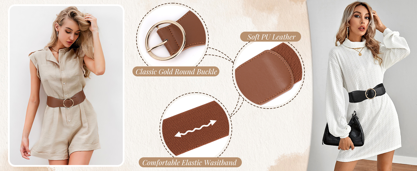 Еластичний пояс для жінок WERFORU 3 шт. Широкий ремінь для сукні, чорний+коричневий+бежевий, розмір M (73-82 см)