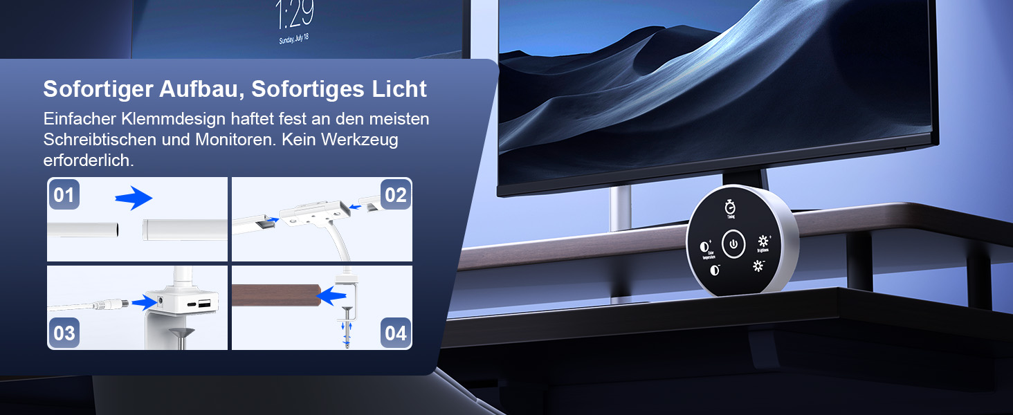 LED лампа настільна з регулюванням яскравості - 1500LM 24W, кріплення на прищіпці, з пультом дистанційного керування, 80см гнушкий шийка, USB-порт для зарядки, для офісу та дому (біле світло)