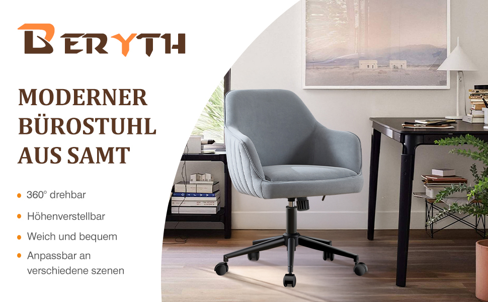 Офісний стілець для дому та офісу до 136 кг, обертовий, оксамитовий, з підлокітниками та колесами, ергономічний, зручний для жінок та дівчат, регульована висота, спальня, домашній офіс (Сірий, Оксамит)