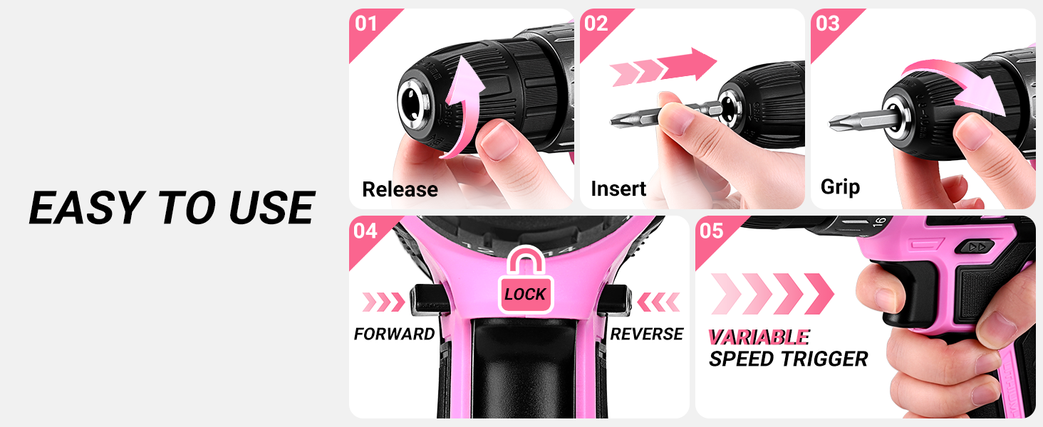 Акумуляторний шурупокрут DEKOPRO 20V 40 Nm: комплект з 2 акумуляторами, LED, 18+1 момент, для дому та DIY, рожевий