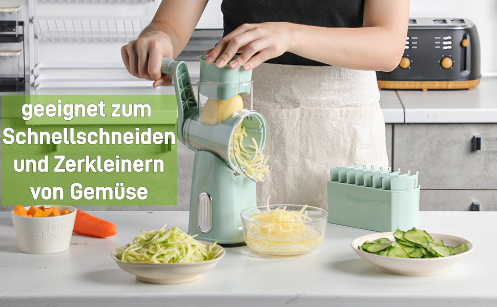 Ручна тертка для сиру та овочів з 5 зміненими лезами з нержавіючої сталі, кругла тертка з ручною рукояткою, харчовий подрібнювач для кухні, зелена коробка для зберігання