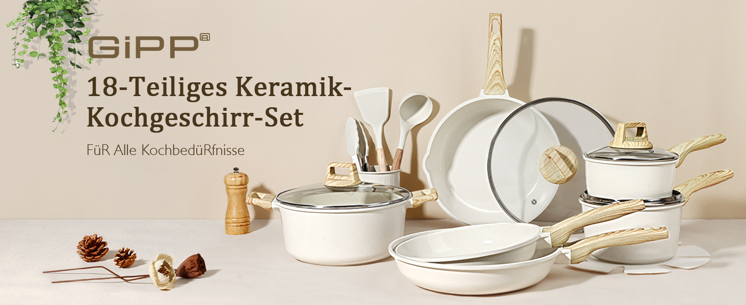 Набір посуду GiPP 17-ти частинний: каструлі, сковорідки з антипригарним покриттям, сковорідки 24+28 см, каструля 4.2 л, каструлі 16+18 см, сковорода для омлету з 4-ма отворами, лопатка та ложка, підходить для всіх типів плит (білий)