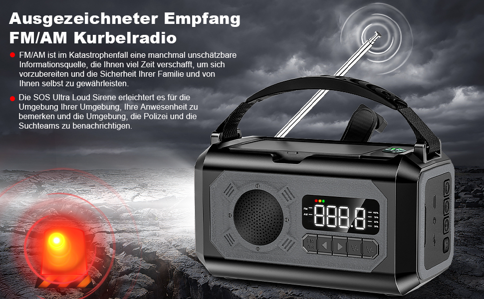 Радіоприймач Kurbelradio на 12000mAh з ручним зарядом, сонячною панеллю, AM/FM, зарядкою для телефону, SOS, ліхтарик, компас, LED-лампа (сірий)