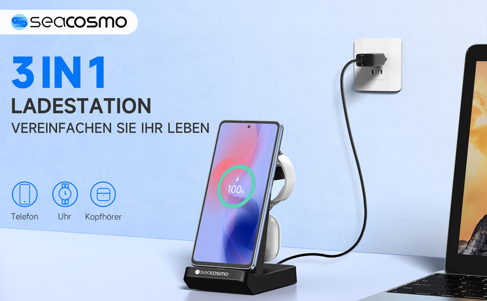 Seacosmo Зарядна станція 3-в-1, 18W для Samsung Galaxy Buds, A55/A54/A35/A34/A16/A15/A14/A06, Galaxy Watch 8/7/6/5/4/3/2/Pro/Classic/Active - Бездротовий зарядний пристрій, чорний