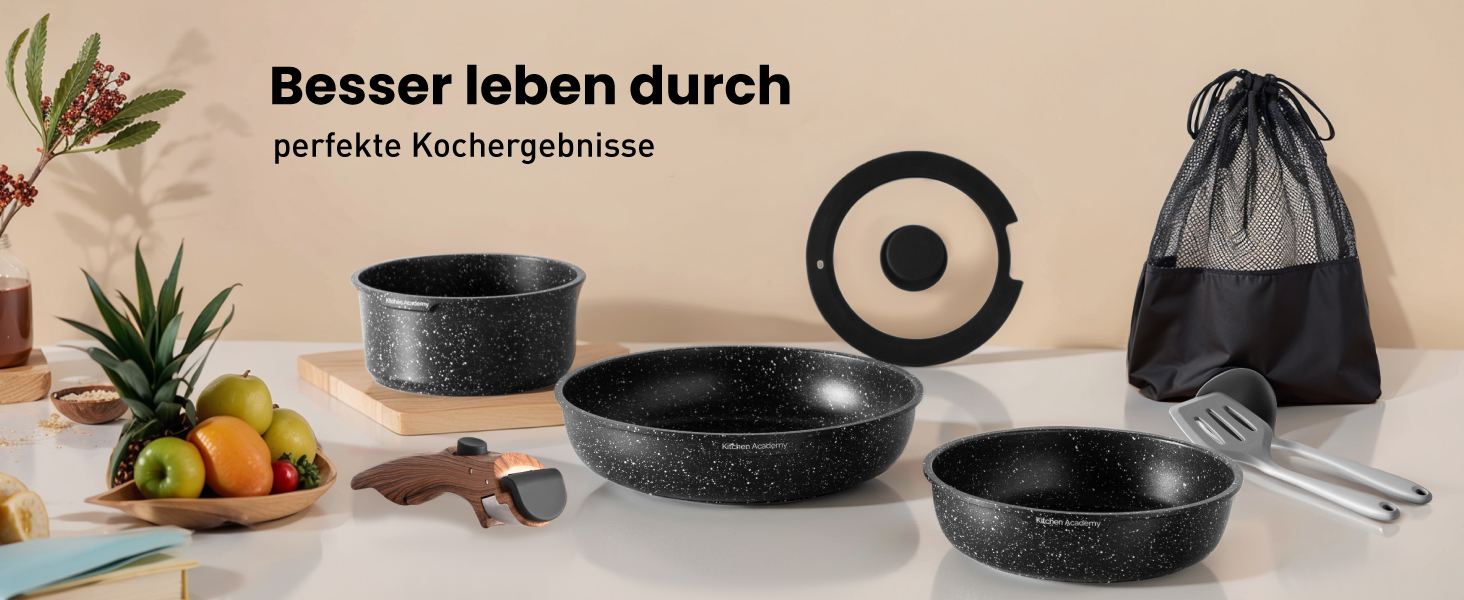 Набір посуду Dishdelight з антипригарним гранітним покриттям та знімними ручками, індукційний, з кришками (чорний)