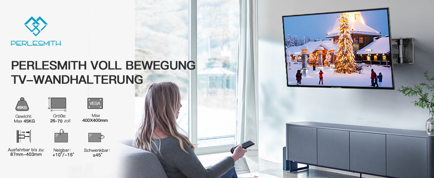 PERLESMITH Adjustable Tilt & Swivel TV Wall Mount for 26-70 inch Flat & Curved TVs/Monitors (up to 45kg, VESA 400x400mm)