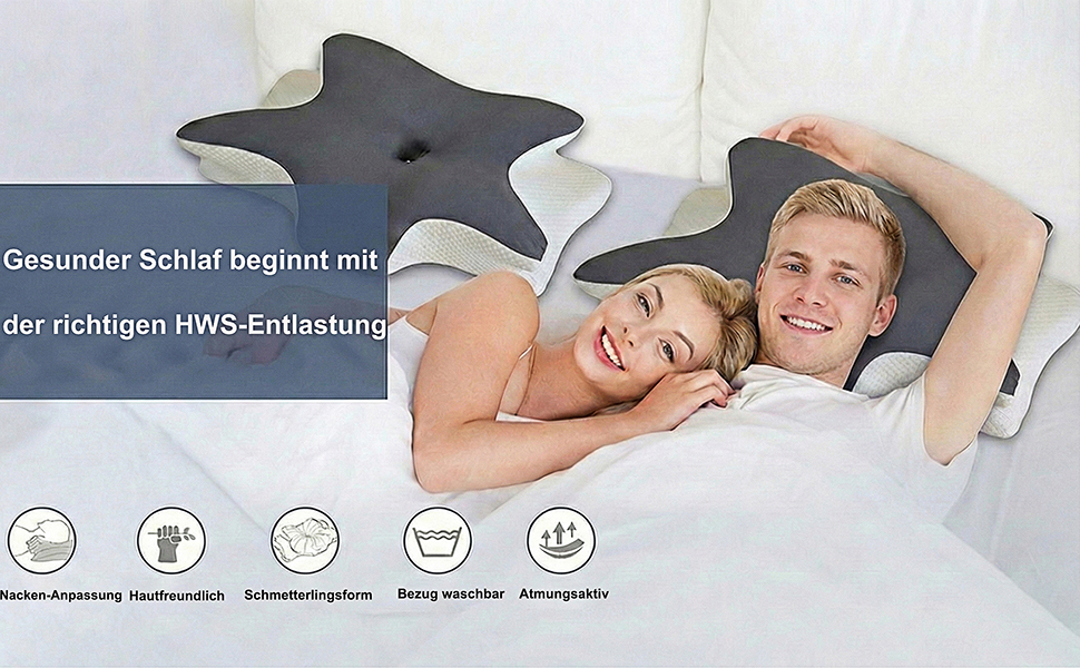 Ортопедична подушка для шиї з ефектом пам'яті (Memory Foam) — Ергономічна подушка-метелик для сну на боці та спині, регульована висота, проти болю в шиї та HWS, мийний чохол