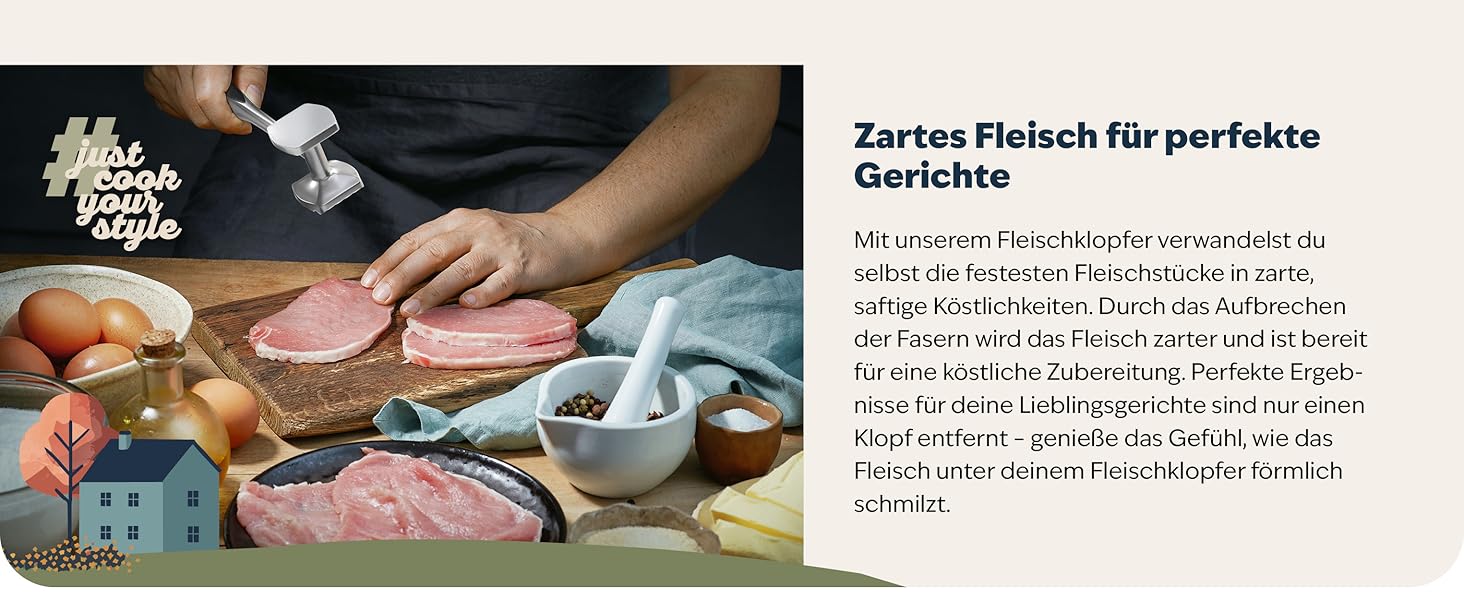 Преміум Fleischklopfer (м'ясорубка) з цинкової сплави з матовим хромом - для відбивання шніцелів та м'яса, придатний для миття в посудомийній машині. Ідеальний подарунок для кулінарії.