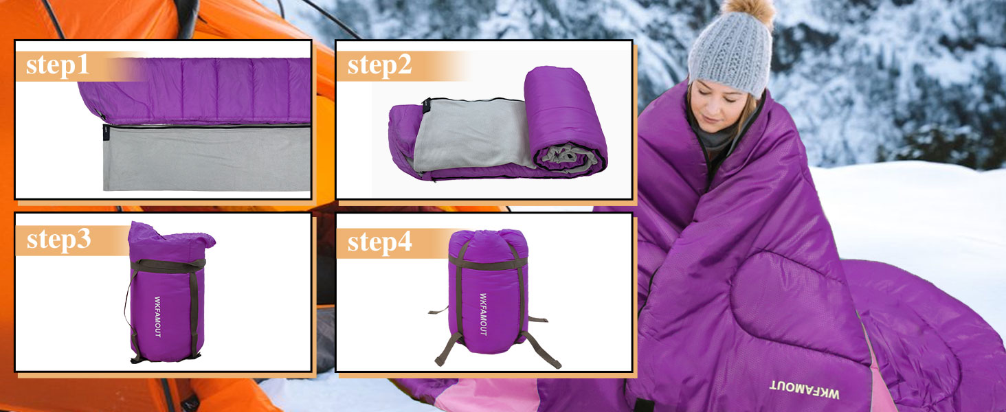 Спальний мішок Outdoor для дорослих, зимовий, машинного прання, водонепроникний, 3-4 сезони, з компресійним мішком, для кемпінгу, піших прогулянок, подорожей, 0℃-Комфорт, ліловий, 220x85CM