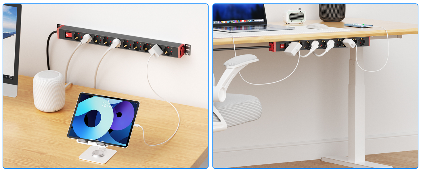 Мережевий фільтр 10 розеток з захистом від перенапруги, з вимикачем та поворотними кріпленнями, чорний, металевий корпус