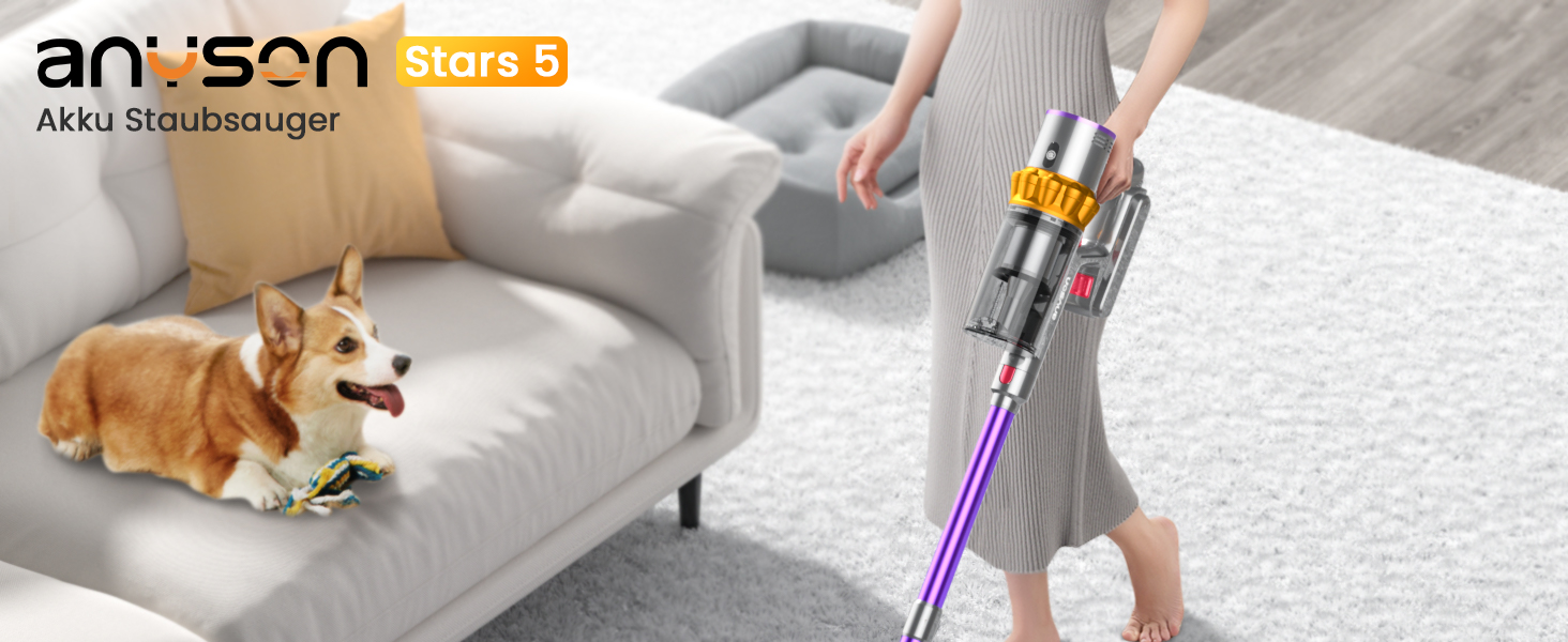 Бездротовий пилосос Anyson 45000Pa потужністю 550W з акумулятором 70Min, об'єм 1.6L, тихий, з LED-дисплеєм та антизаплутувальною насадкою, для твердих поверхонь, килимів та шерсті тварин