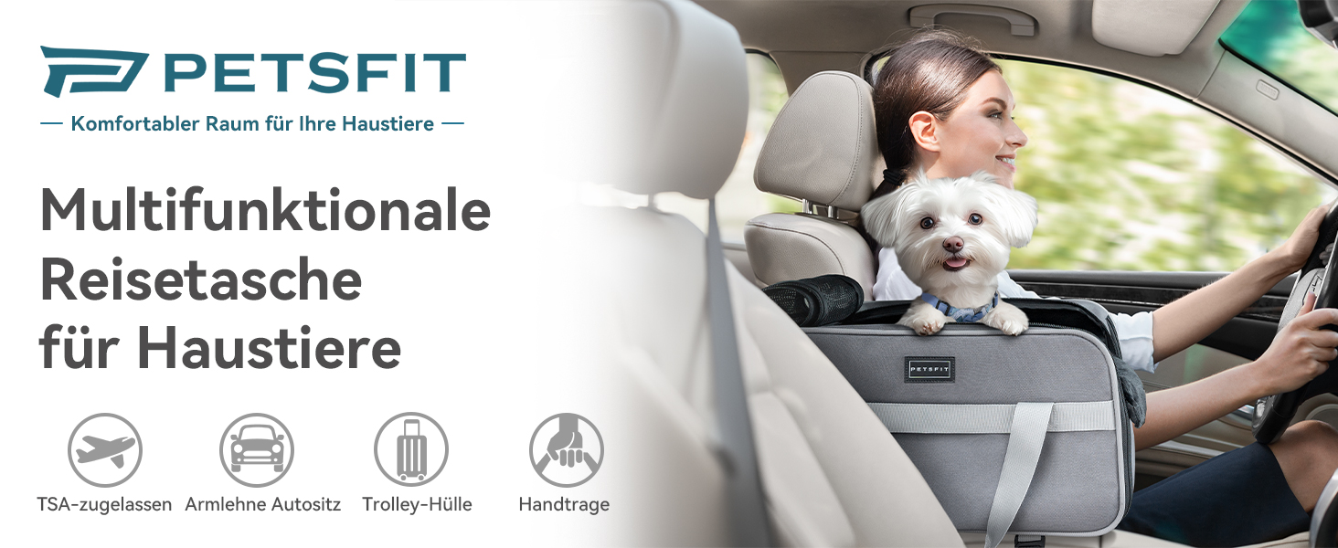PETSFIT Автокрісло для собак та котів, середньорозмірне, сіре, до 4.5 кг, з безпечним ременем та кишенями