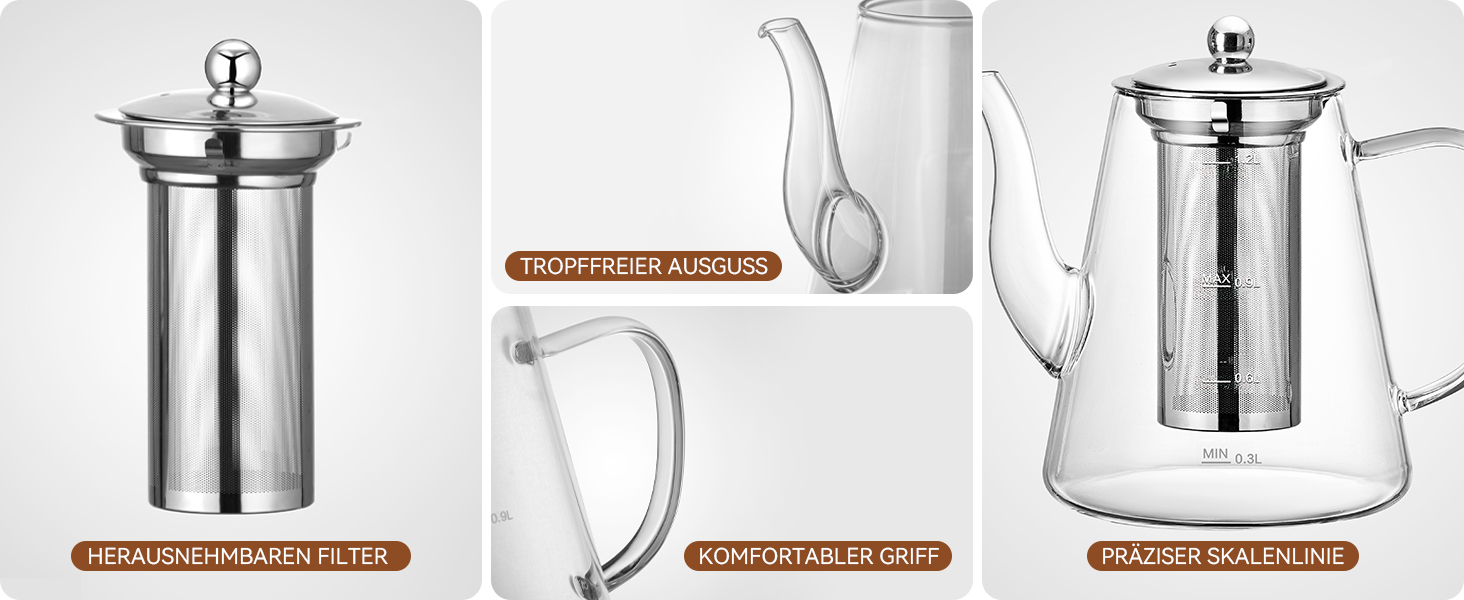 Скляний чайник із ситечком 1200 мл з боросилікатного скла з мірною шкалою для листового чаю та чайних квітів, подарунковий набір