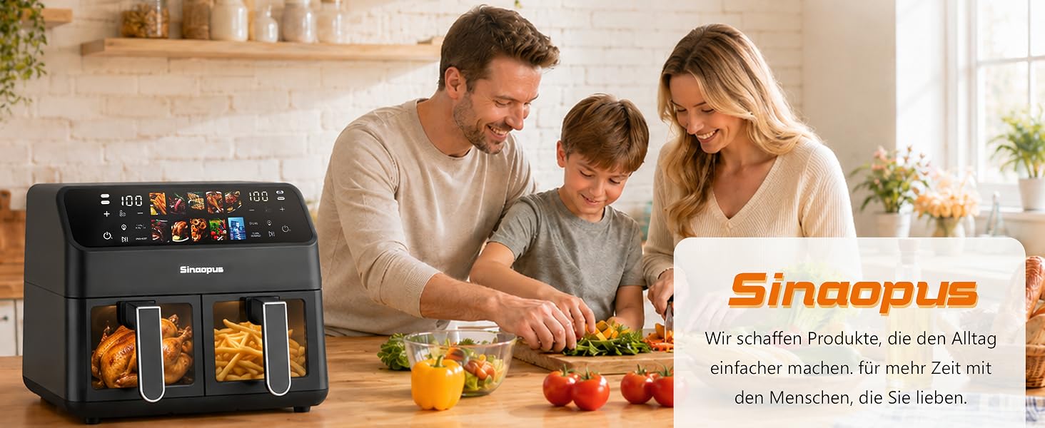 Аерофритюрниця Air Fryer 9л 2000 Вт, двокамерна фритюрниця з гарячим повітрям та термоізольованими ручками, чорна (901-schwarz)