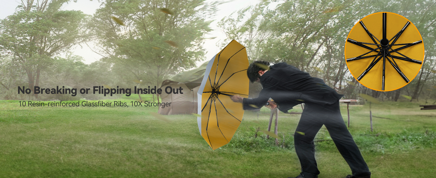 Чорний компактний парасолька TechRise: автоматичний, стійкий до вітру, великий, 10 спиць