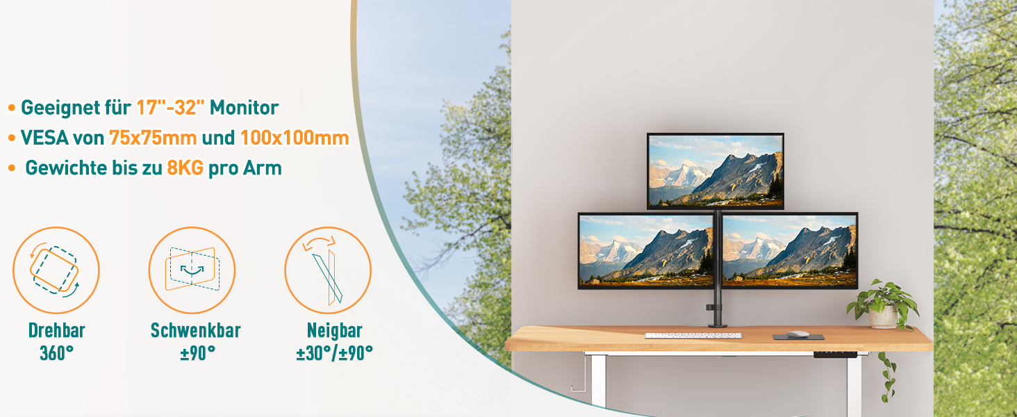 Тримач для моніторів ELIVED EV4013 на 3 монітори, 17-32 дюйми, VESA 75/100mm, регулювання висоти, 80 см