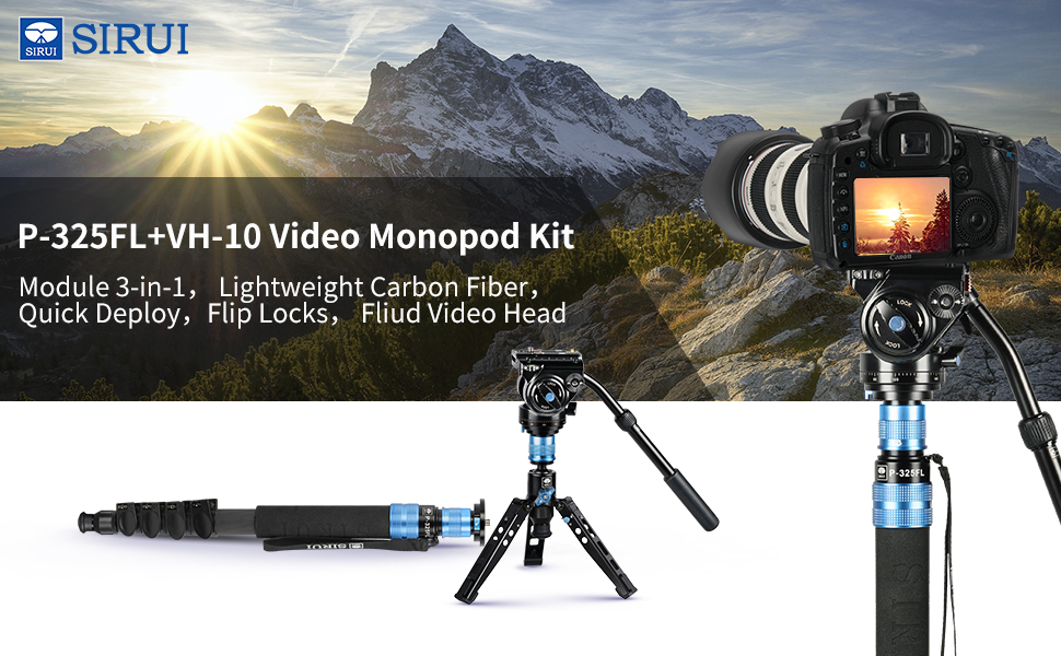Штатив-монопод SIRUI P-325FL+VH-10: легкий та компактний для подорожей, алюміній, 6 секцій, до 155 см, 8 кг