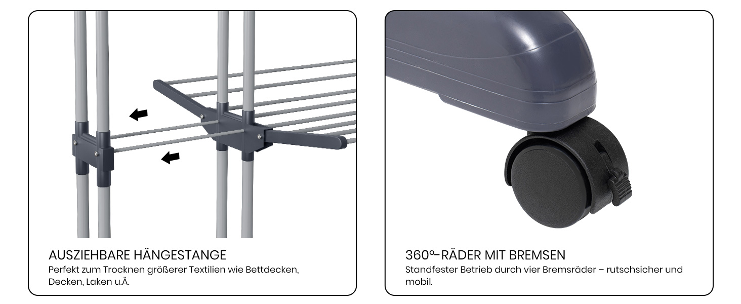 Сушарка для білизни Oak & Tea Tower, 83-200 см, з висувними крилами, XXL, 4 яруси, на коліщатках, для дому та вулиці, сіра