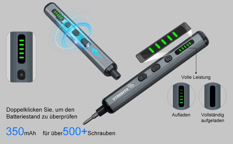 Міні-шуруповерт STREBITO 70-в-1: комплект з 64 бітами, 5 режимів крутного моменту, LED-підсвічуванням, сірий