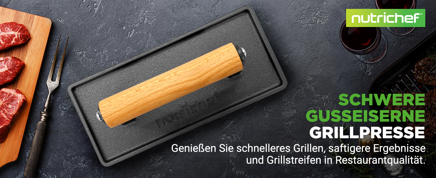 Прес для бургерів NutriChef з чавуну з антипригарним покриттям, 1.5 кг (22x9.5 см), з дерев'яною ручкою, для стейків, BBQ, бекону та сендвічів