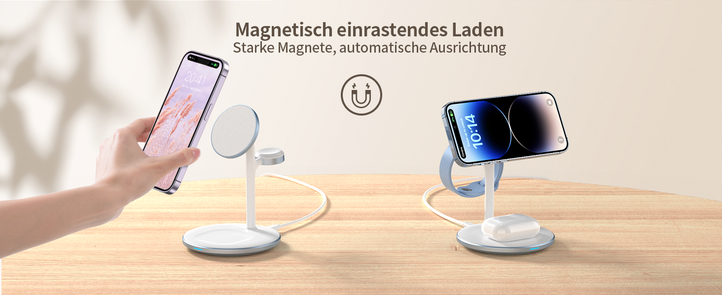 База для бездротової зарядки 3-в-1: iPhone, iWatch, AirPods, 15W, MagSafe, фіолетовий (світло-блакитний)