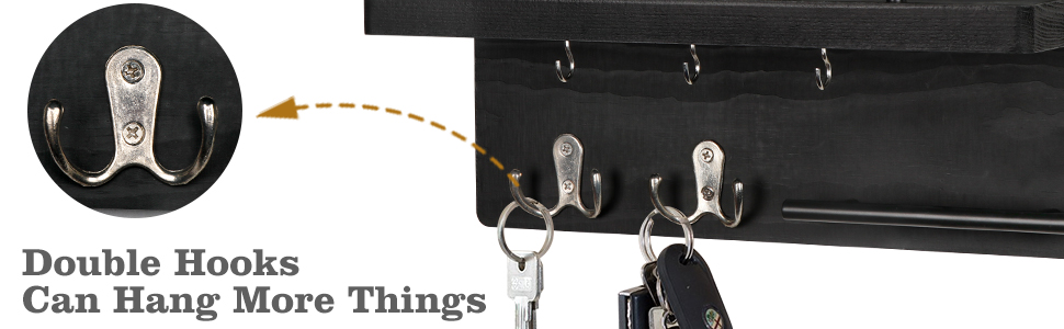 Настінна вішалка для ключів на 5 гачків, дерев'яна дошка для ключів з полицею, настінний органайзер для ключів, рустикальна вішалка для ключів, органайзер для ключів, декор для дому (чорний)