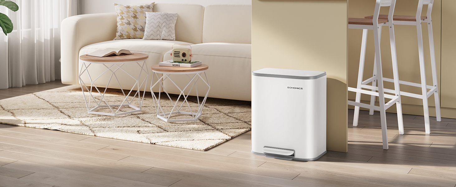 Відро для сміття SONGMICS 20 л з кришкою, з педаллю, сталеве, Soft-close, біле (LTB542W02)