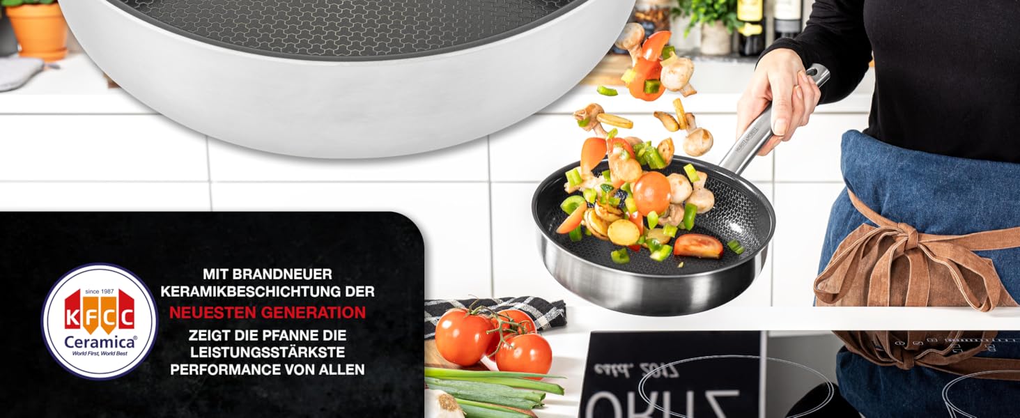 Сковорода Moritz & Moritz антипригарна 28 см індукційна з керамічним покриттям та стільниковою структурою. Нержавіюча сталь, високі борти, для всіх плит (газ, електро, індукція). Без кришки, діаметр 28 см